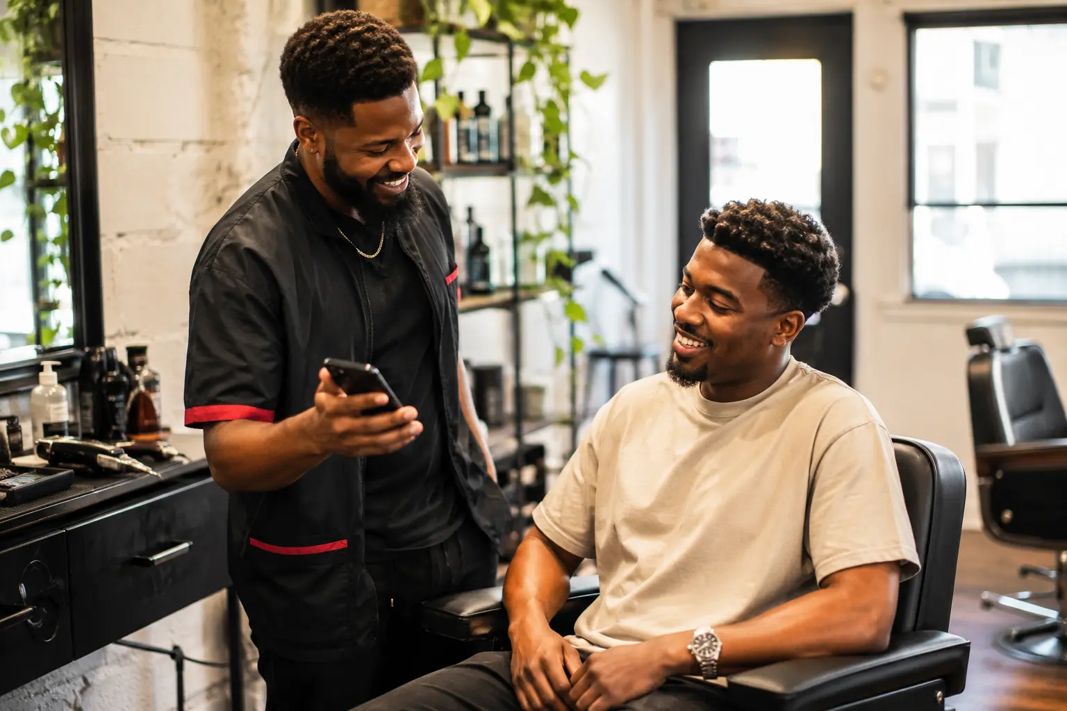 Barber sharing information on his phone with a client in the chair.